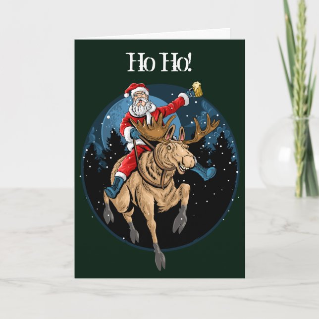 Santa Riding Moose Drinking Beer Holiday Card (Front)