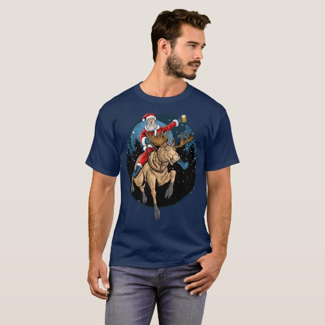 Santa Riding Moose Drinking Beer T-Shirt (Front Full)