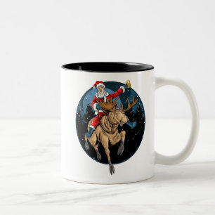 Santa Riding Moose Drinking Beer Two-Tone Coffee Mug