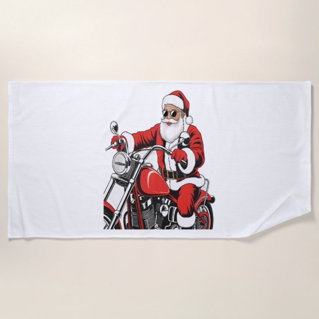 Santa Riding Motorcycle Beach Towel (Front)