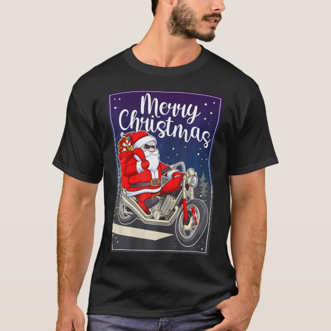 Santa Riding Motorcycle Merry Christmas T-Shirt (Front)