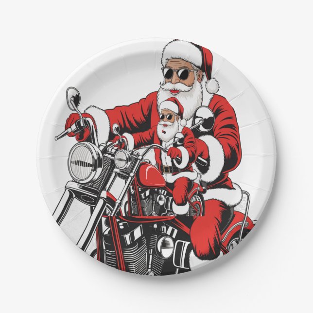 Santa Riding Motorcycle Paper Plate (Front)