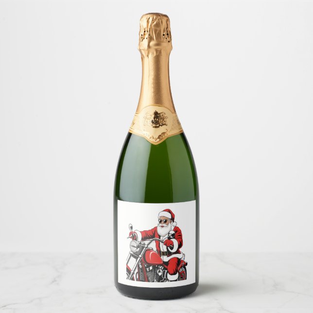 Santa Riding Motorcycle Sparkling Wine Label (Front)