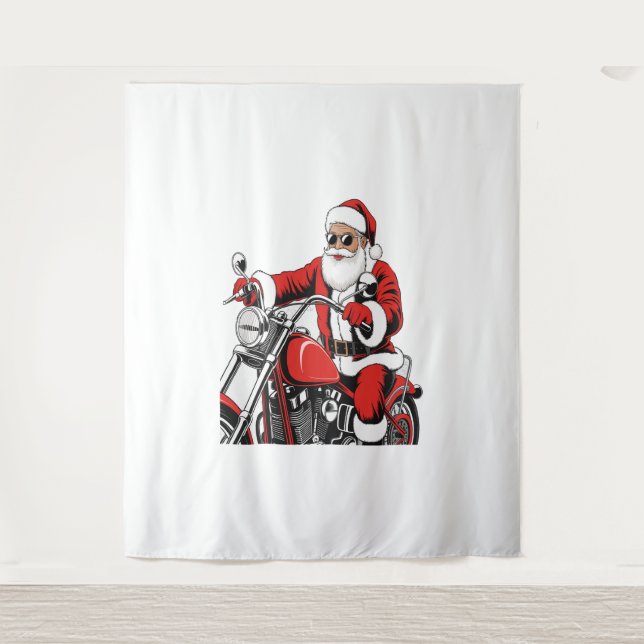 Santa Riding Motorcycle Tapestry (Front)
