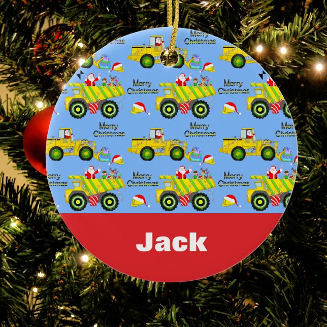 Santa Riding On Dump Truck And Bulldozer Blue Ceramic Ornament (Creator Uploaded)