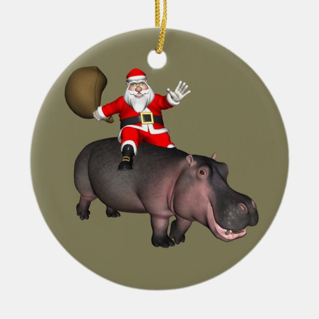 Santa Riding On Hippo Ceramic Tree Decoration (Front)