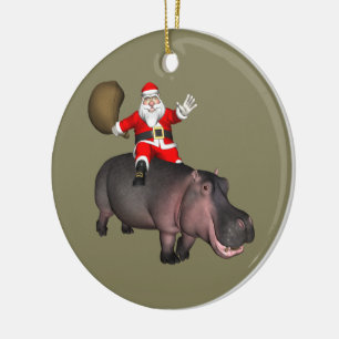 Santa Riding On Hippo Ceramic Tree Decoration