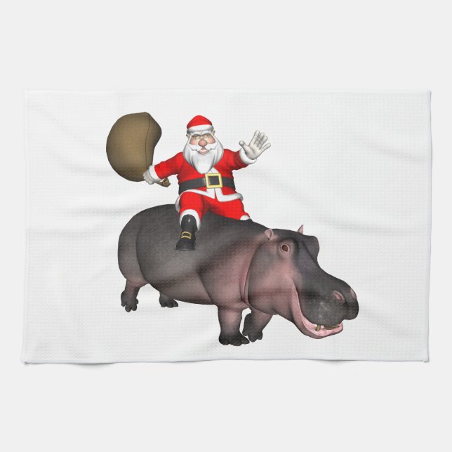 Santa Riding On Hippo Tea Towel (Horizontal)
