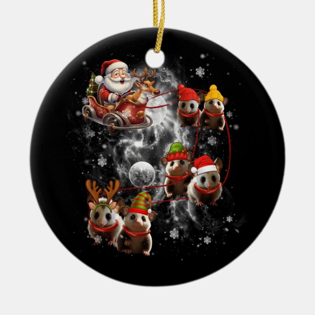 Santa Riding Opossum Reindeer Sleigh Christmas Opo Ceramic Ornament (Front)