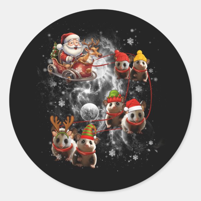 Santa Riding Opossum Reindeer Sleigh Christmas Opo Classic Round Sticker (Front)