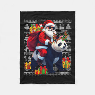 Santa Riding Panda Christmas Lights Ugly Christmas Fleece Blanket
