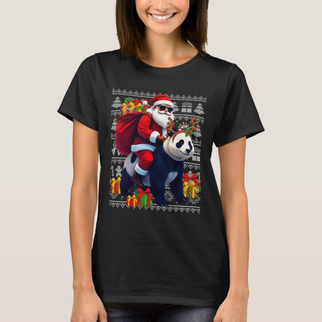 Santa Riding Panda Christmas Lights Ugly Christmas T-Shirt (Front)