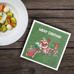 Santa Riding Red White Christmas Train Dark Green Napkin