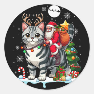 Santa Riding Reindeer American Shorthair Xmas Tree Classic Round Sticker