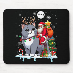 Santa Riding Reindeer British Shorthair Xmas Tree Mouse Pad