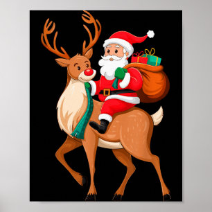 Santa Riding Reindeer Christmas Men Boys Kids Teen Poster