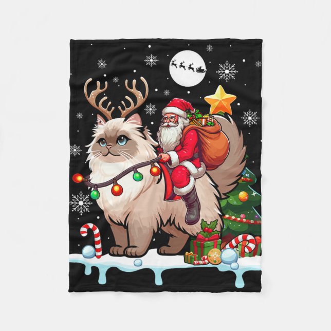 Santa Riding Reindeer Himalayan Cat Xmas Tree Colo Fleece Blanket (Front)
