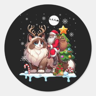 Santa Riding Reindeer Ragdoll Cat Xmas Tree Colorf Classic Round Sticker