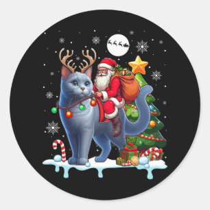 Santa Riding Reindeer Russian Blue Xmas Tree Colou Classic Round Sticker