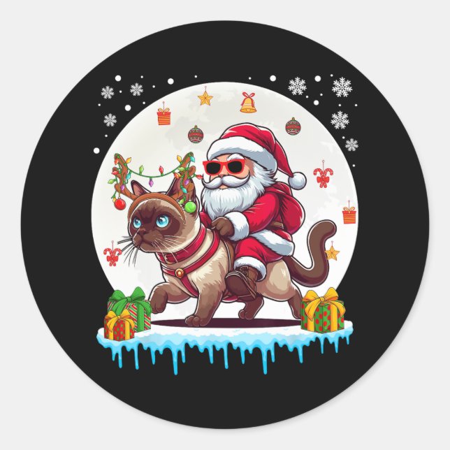 Santa Riding Reindeer Siamese Cat Christmas Owner  Classic Round Sticker (Front)
