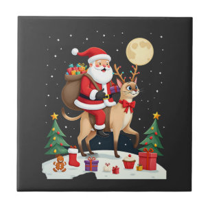 Santa Riding Reindeer Siamese Cat Christmas Tree L Ceramic Tile