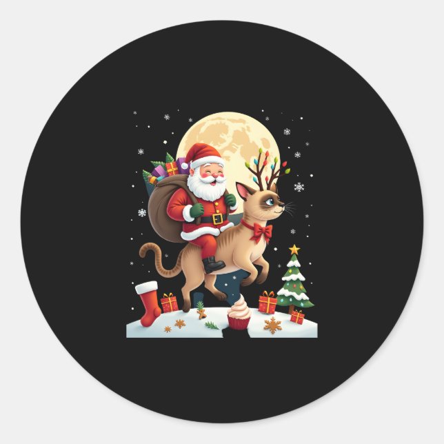 Santa Riding Reindeer Siamese Cat Christmas Tree L Classic Round Sticker (Front)