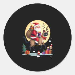 Santa Riding Reindeer Siamese Cat Christmas Tree L Classic Round Sticker