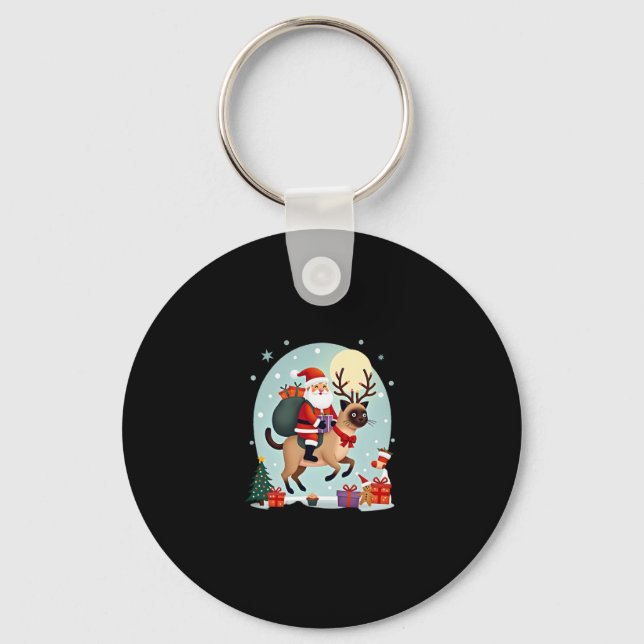 Santa Riding Reindeer Siamese Cat Christmas Tree L Key Ring (Front)