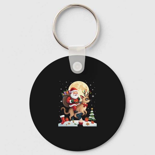 Santa Riding Reindeer Siamese Cat Christmas Tree L Key Ring (Front)