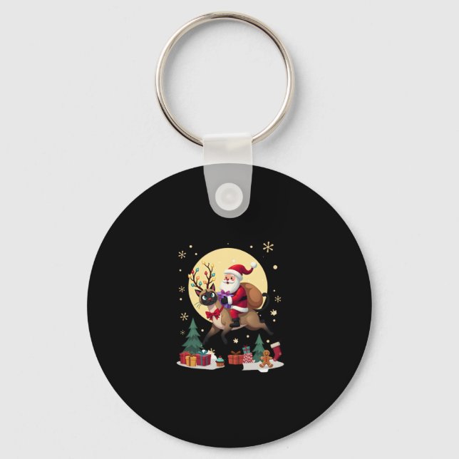 Santa Riding Reindeer Siamese Cat Christmas Tree L Key Ring (Front)