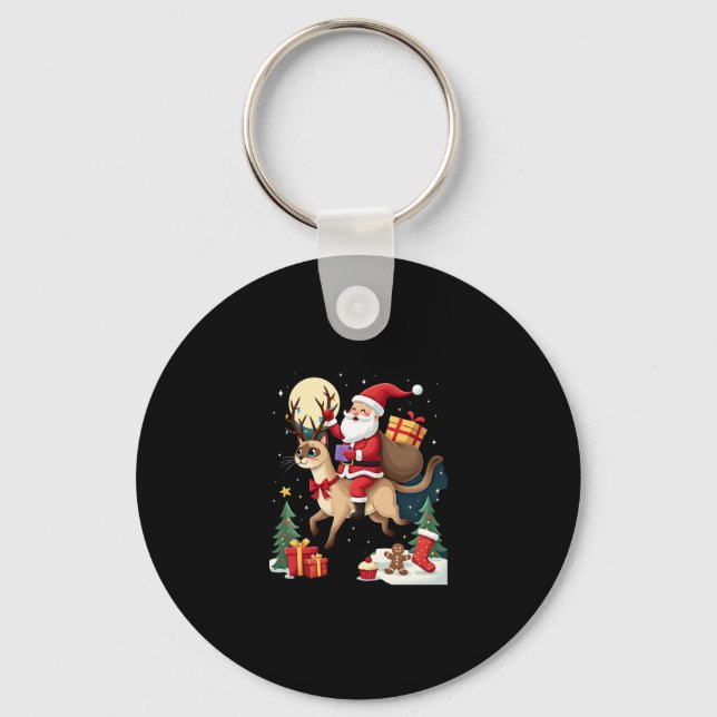 Santa Riding Reindeer Siamese Cat Christmas Tree L Key Ring (Front)