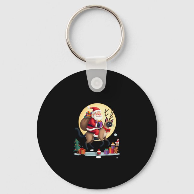 Santa Riding Reindeer Siamese Cat Christmas Tree L Key Ring (Front)