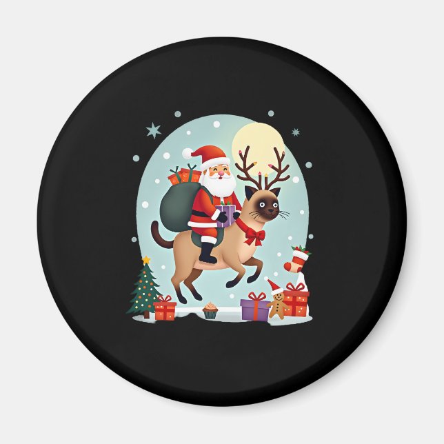 Santa Riding Reindeer Siamese Cat Christmas Tree L Magnet (Front)