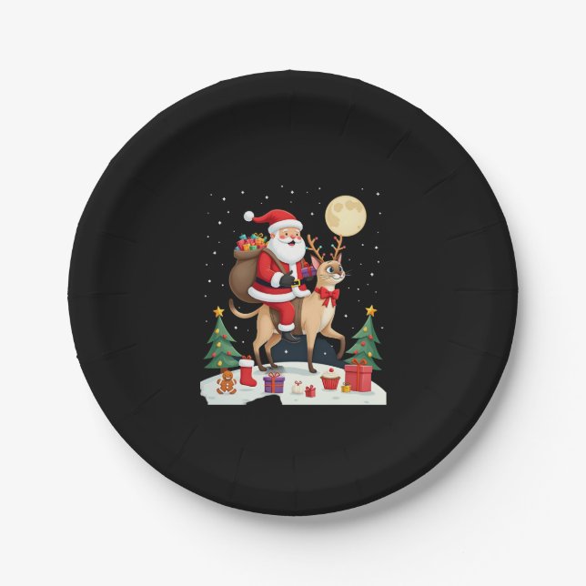 Santa Riding Reindeer Siamese Cat Christmas Tree L Paper Plate (Front)