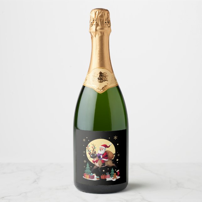 Santa Riding Reindeer Siamese Cat Christmas Tree L Sparkling Wine Label (Front)