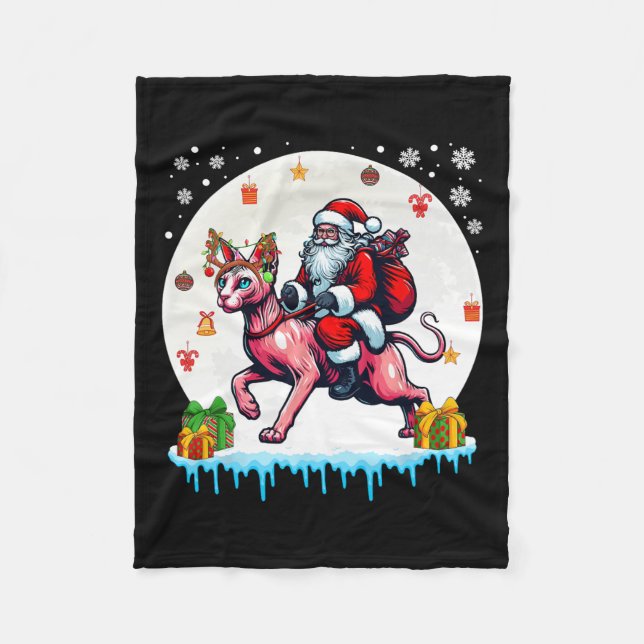 Santa Riding Reindeer Sphynx Cat Christmas Owner K Fleece Blanket (Front)