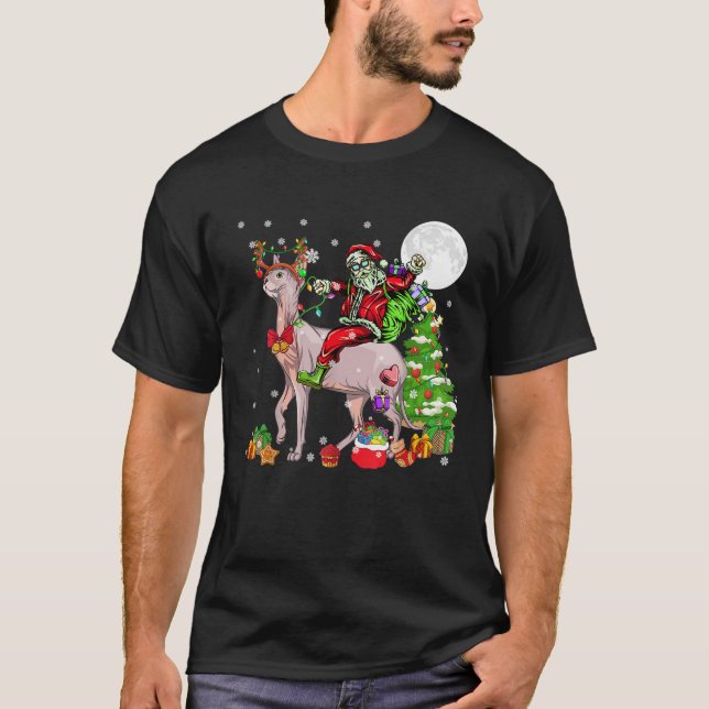 Santa Riding Reindeer Sphynx Cat Christmas Tree Lo T-Shirt (Front)