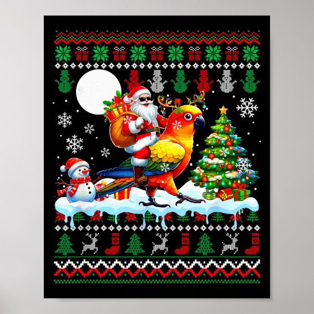 Santa Riding Reindeer Sun Conure Sweater Xmas Tree Poster (Front)