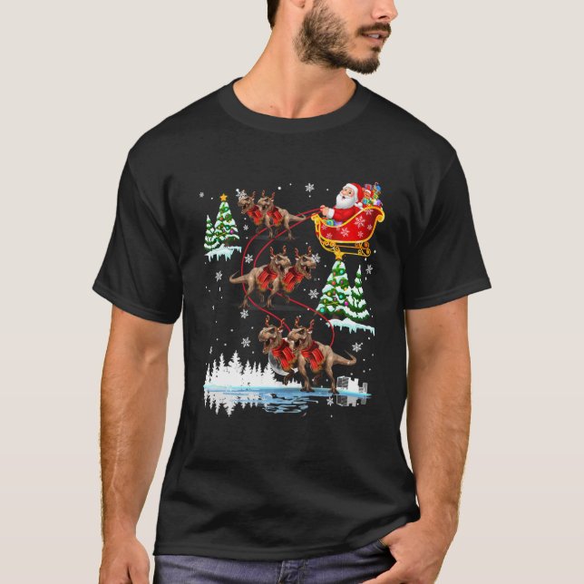 Santa Riding Rex Dino Reindeer Merry Christmas T-Shirt (Front)