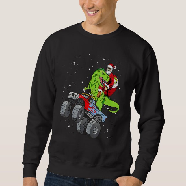 Santa Riding Rex Dinosaur Monster Truck Christmas Sweatshirt (Front)