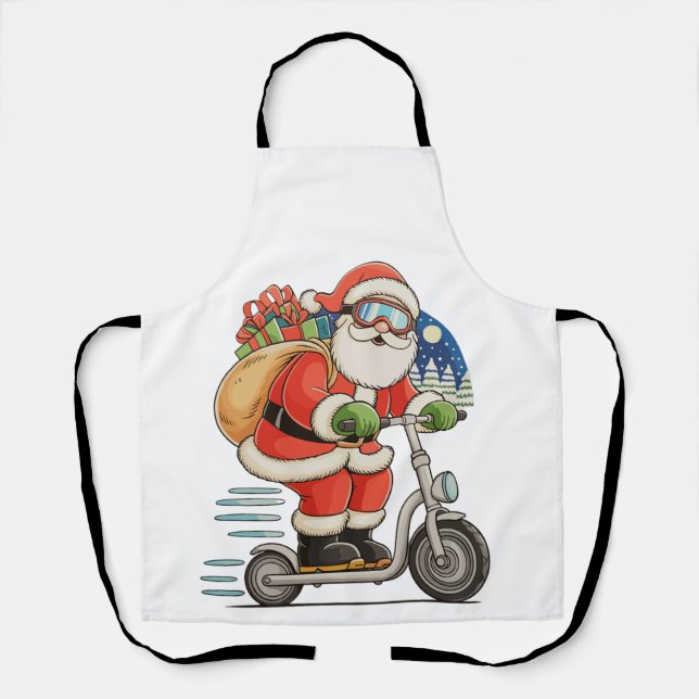 Santa Riding Scooter Christmas Matching Family Apron (Front)