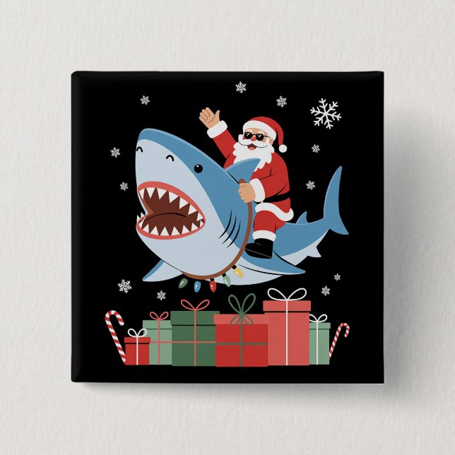 Santa Riding Shark Christmas Pajama Cute Ocean  15 Cm Square Badge (Front)