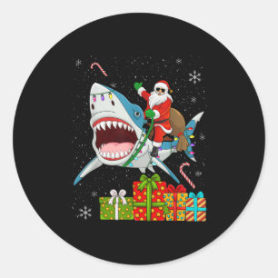 Santa Riding Shark Christmas Pajama Cute Ocean Ani Classic Round Sticker
