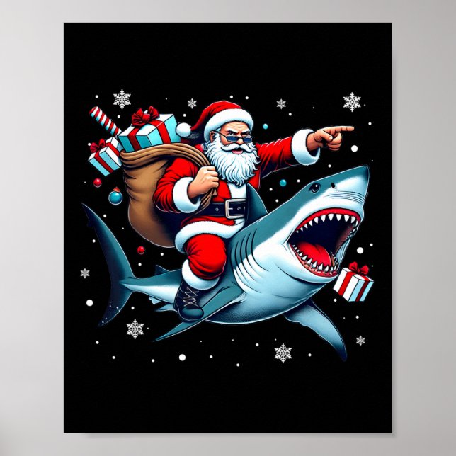Santa Riding Shark Christmas Pajama Cute Ocean Ani Poster (Front)