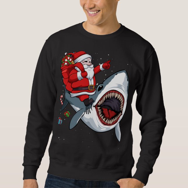 Santa Riding Shark Christmas Pajama Cute Ocean Ani Sweatshirt (Front)