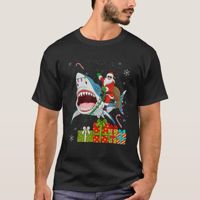 Santa Riding Shark Christmas Pajama Cute Ocean Ani T-Shirt (Front)