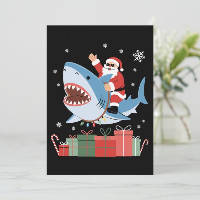 Santa Riding Shark Christmas Pajama Cute Ocean  Invitation (Standing Front)