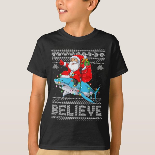 Santa Riding Shark Ugly Christmas Sweater Believe  (Front)