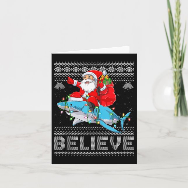 Santa Riding Shark Ugly Christmas Sweater Believe  Card (Front)