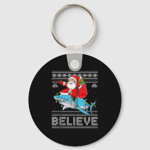 Santa Riding Shark Ugly Christmas Sweater Believe  Key Ring